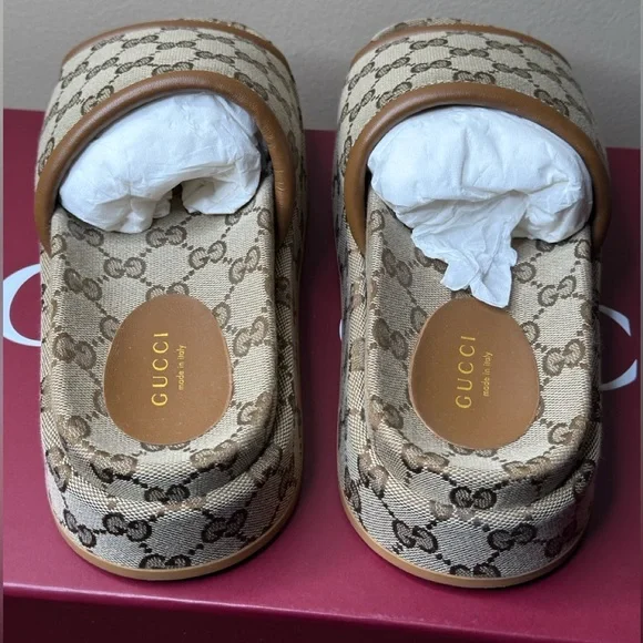 Gucci Gg Platform Women's Beige Monogram Slide Sandals - Picture 6 of 10